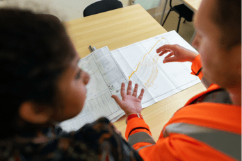 Man and woman looking at business plan on a table