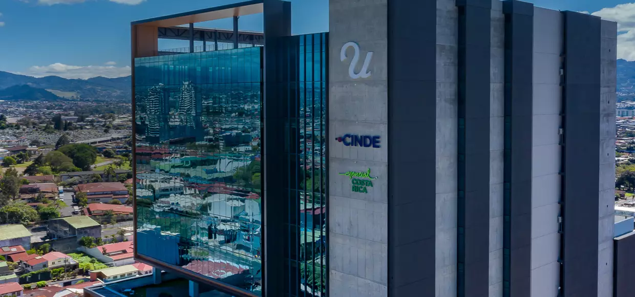 Office buildings in San José, Costa Rica, with the Central Valley mountains behind