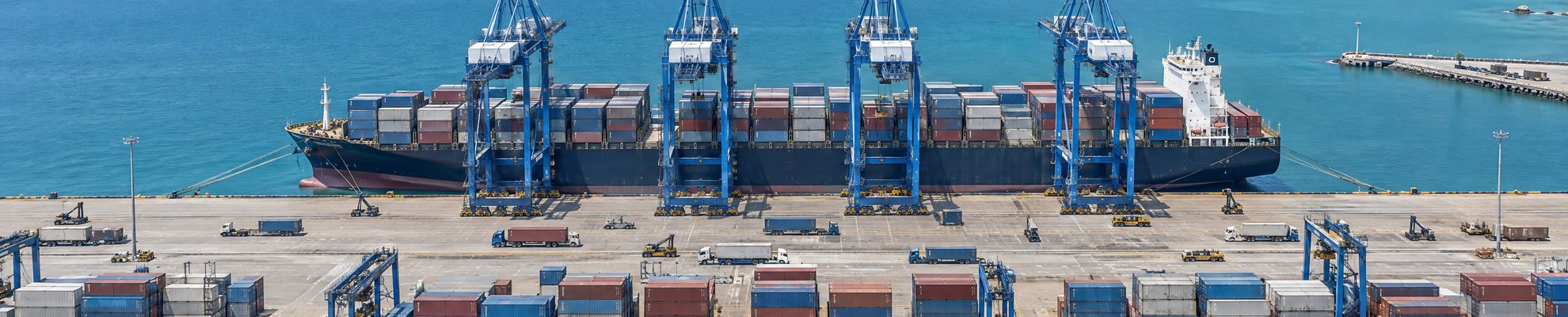 Aerial view of a container ship loading at a Costa Rican port terminal, the export route to the United States and Europe
