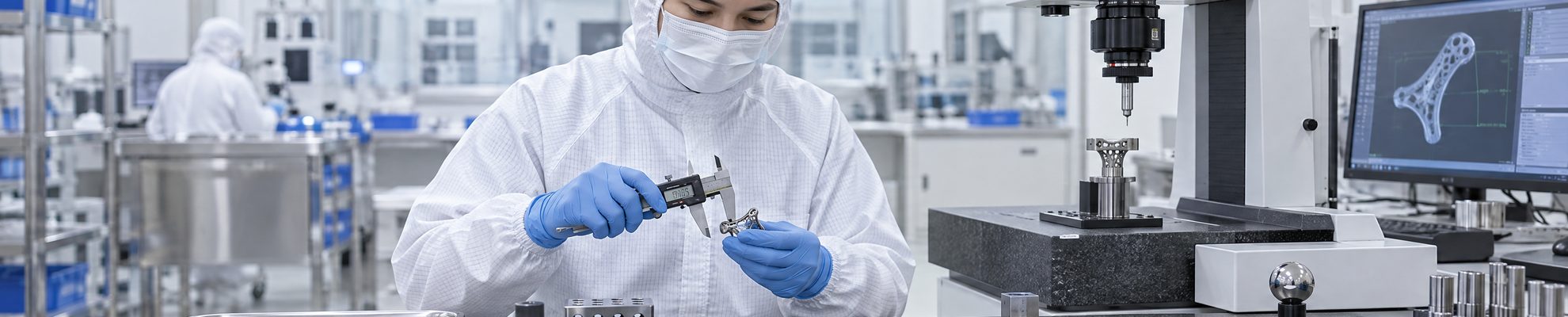 Technician in cleanroom gowning measuring an orthopedic implant with a digital caliper beside a coordinate measuring machine