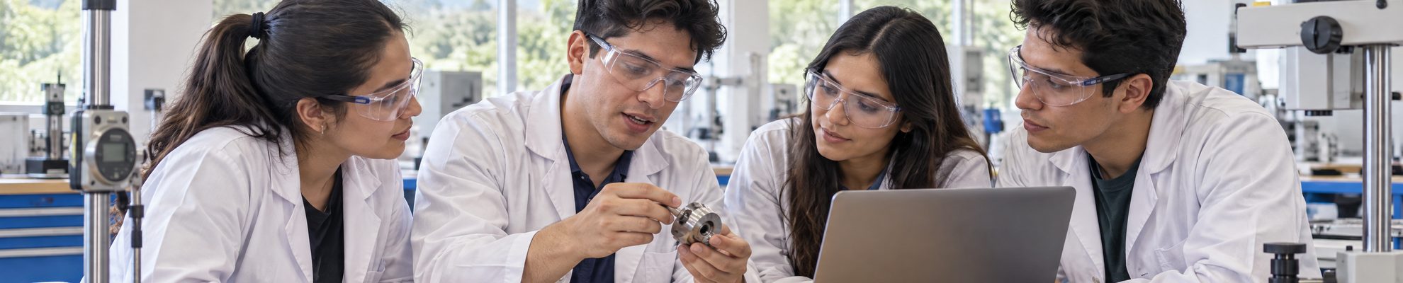 Young Costa Rican engineering students examining a machined component in a university laboratory